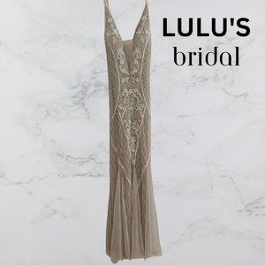 White and Nude Beaded Sequin Maxi Dress